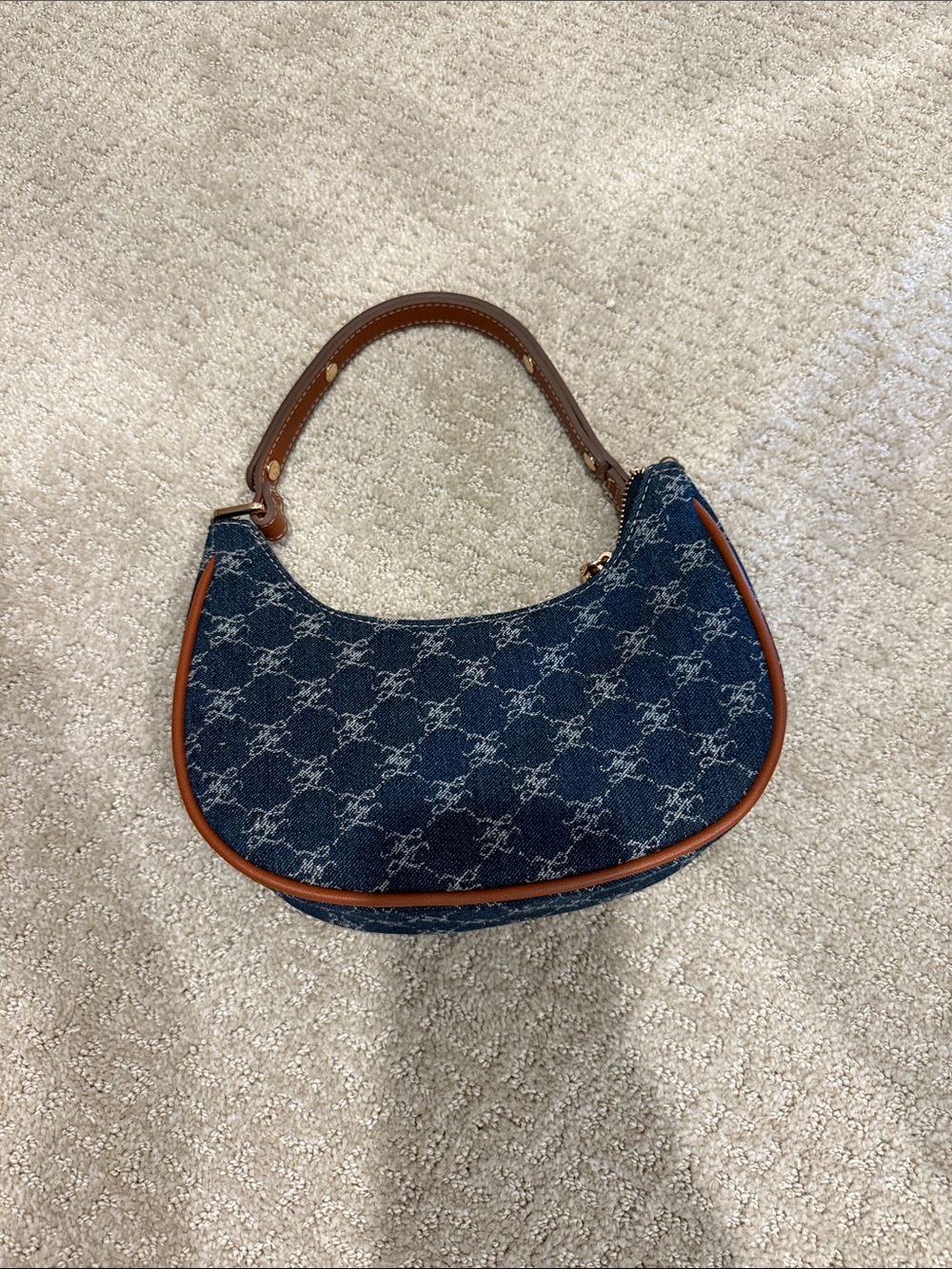 Mango Blue Denim Crescent Shoulder Bag with Brown Trim